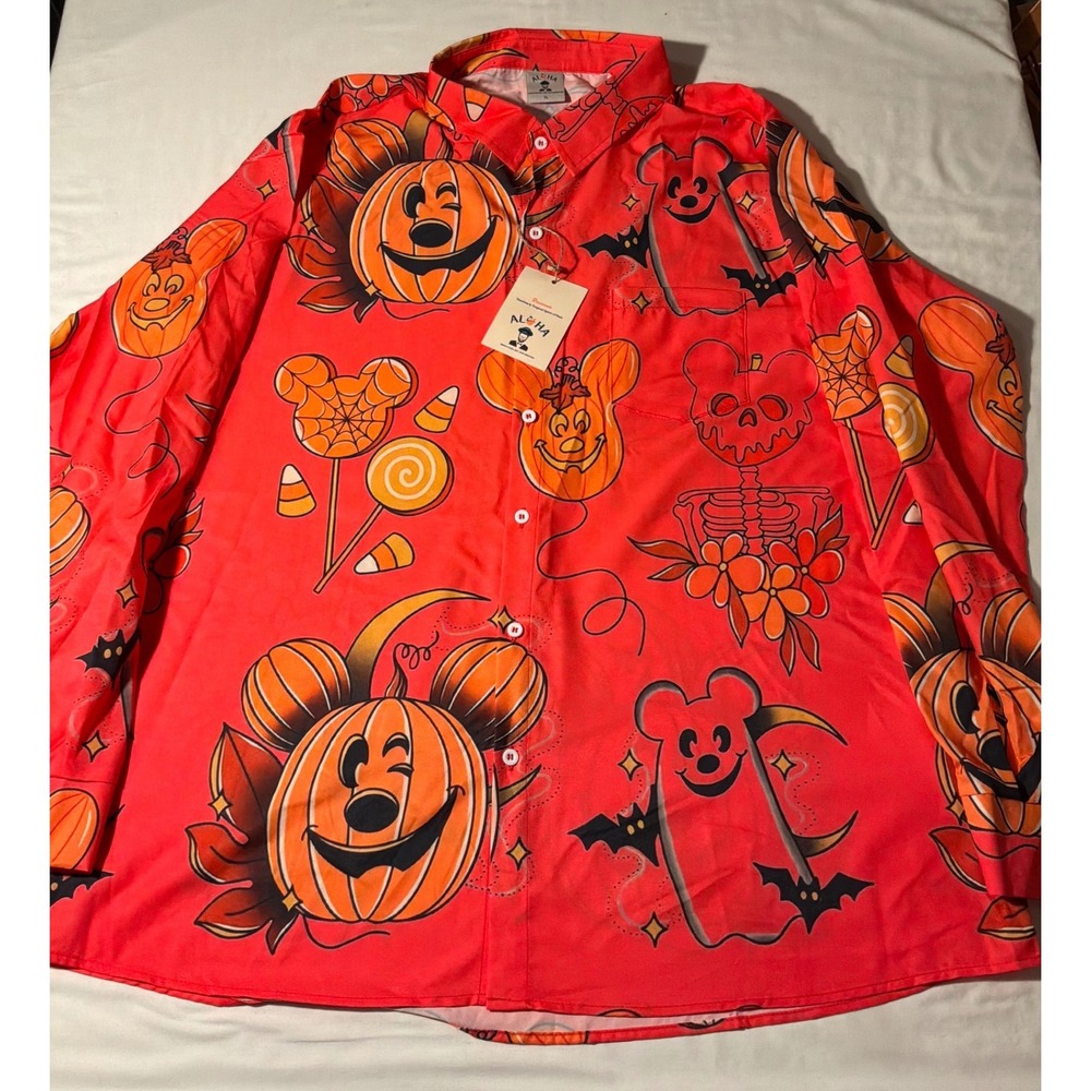 Aloha Halloween Pumpkin Ghost Print Button Down Shirt Mens XL Orange Long Sleeve